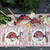 Set de 4 Individuales con Rayas Blancas y Rojas y 4 Servilletas de Loneta de Algodón con Rayas Blancas y Rojas con Bordado de Cangrejo