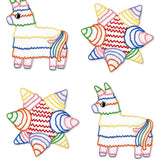 Cocteleras Posada en Lino Blanco con Bordado de Piñata y Burrito de Colores. Set de 4