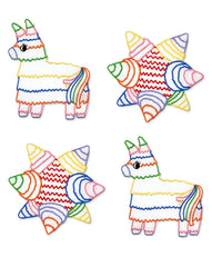 Cocteleras Posada en Lino Blanco con Bordado de Piñata y Burrito de Colores. Set de 4