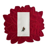 Set de Mantelería Nochebuena con Individuales Blossom Bordado de Flor en Terciopelo Rojo y Servilletas en Lino Blanco con Bordado de Muérdago. Set para 4 personas