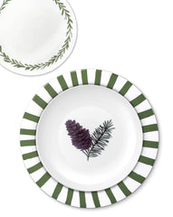 Vajilla con Platos para Ensalada con Pinecone, Platos Trinche Candy Cane Verde Bosque y Platos de Pan con Guirnalda Verde. Set para 4 Personas
