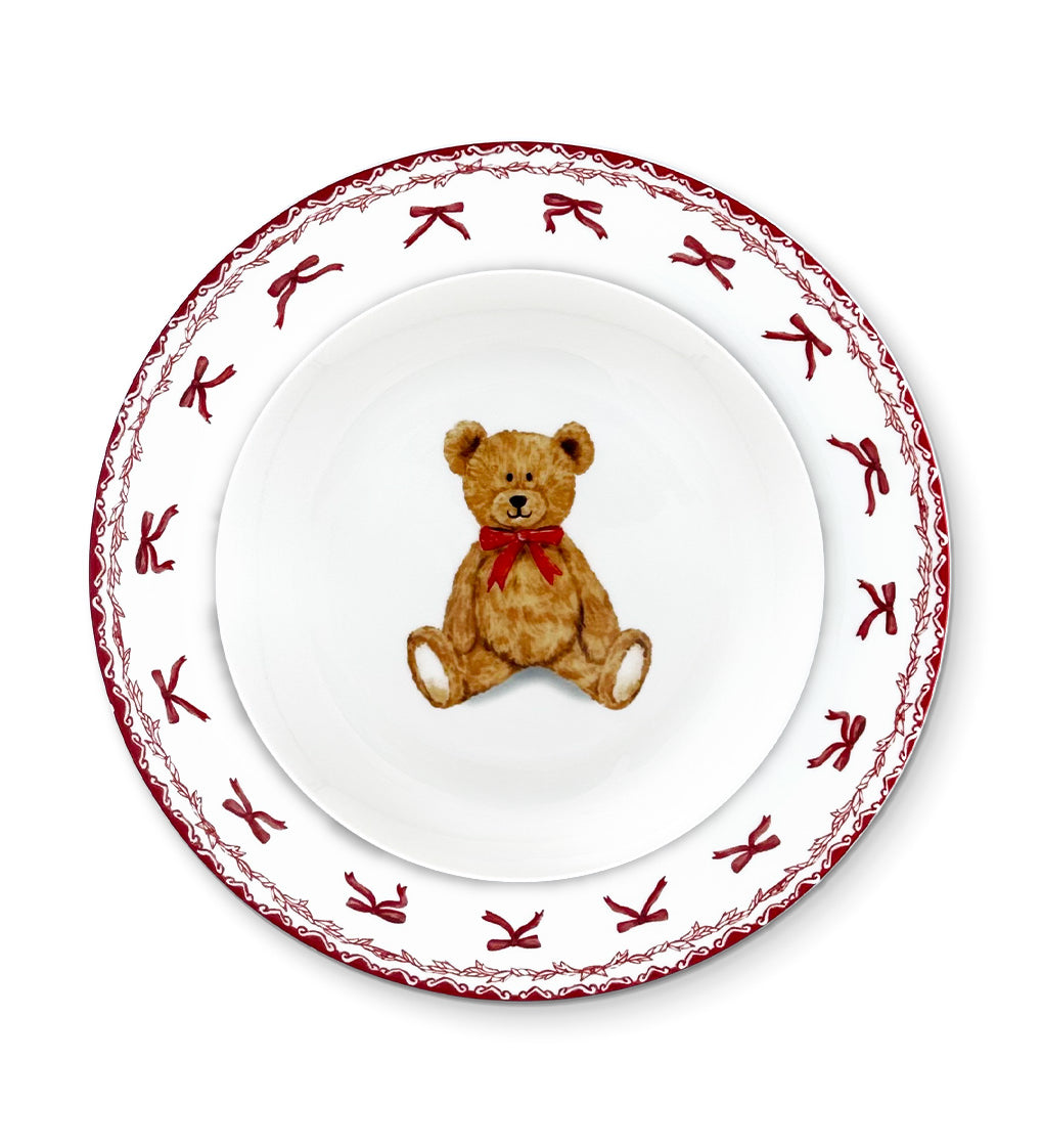 Set de vajilla de navidad de porcelana con con platos de ensalada con osito y platos trinche con moños rojos, marca Zash
