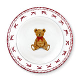 Vajilla con Plato Ensalada con Teddy Bear y Plato Trinche Con Guirnalda Roja de Moños. Set para 4 Personas
