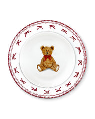 Vajilla con Plato Ensalada con Teddy Bear y Plato Trinche Con Guirnalda Roja de Moños. Set para 4 Personas