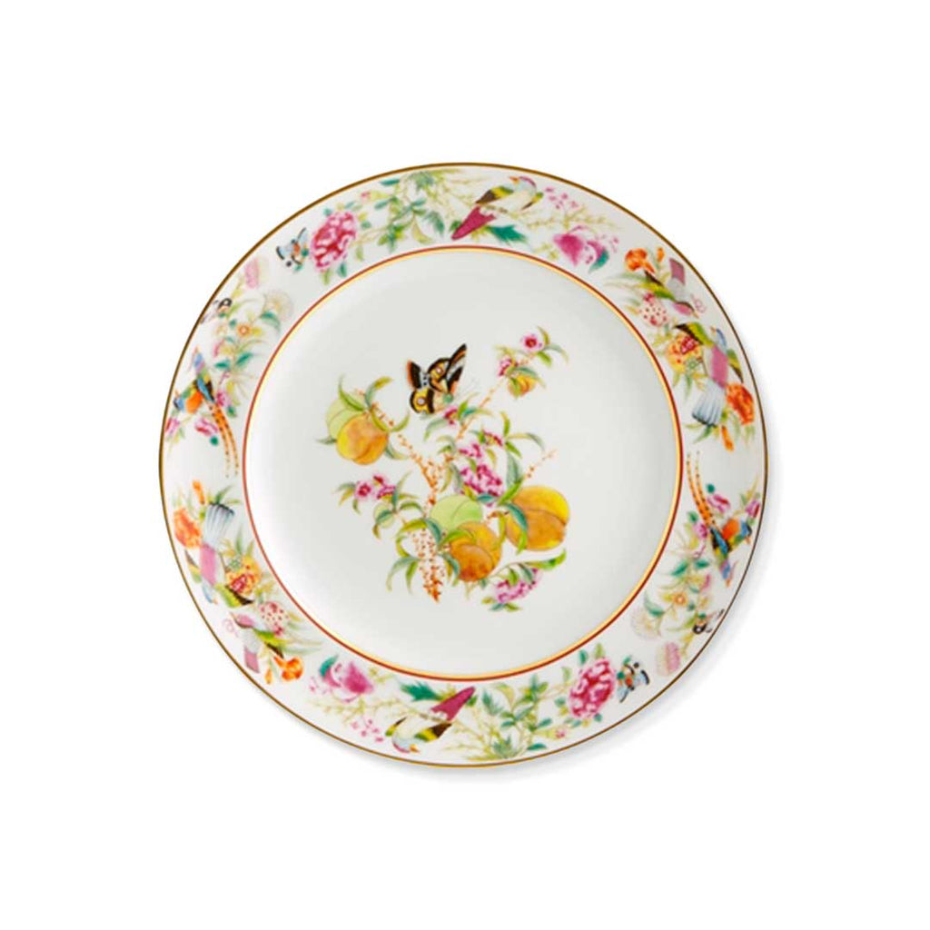 Plato de ensalada de porcelana blanca con motivos de flora y fauna en colores y con borde de oro, colección Paco Real de Vista Alegre