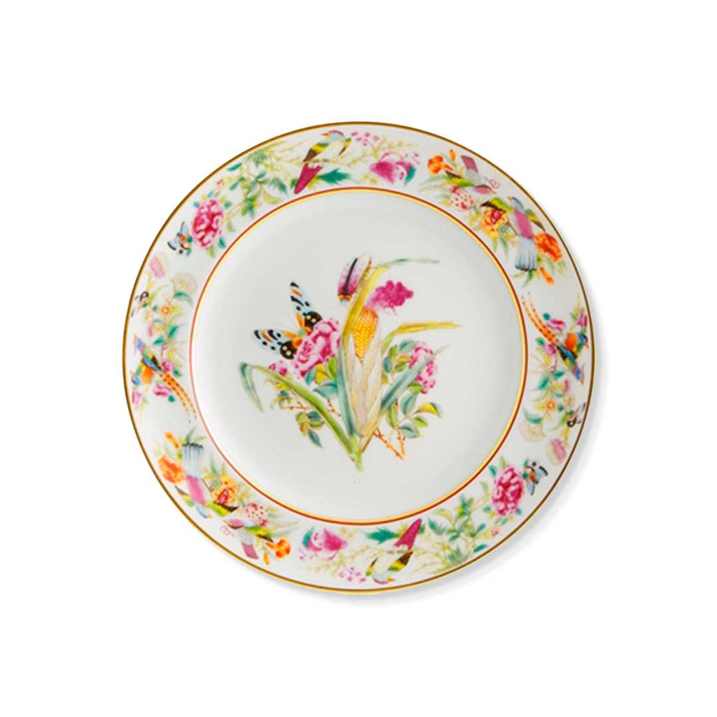 Plato de ensalada de porcelana con motivos de flora y fauna en colores y borde de oro, colección Paco Real de Vista Alegre 