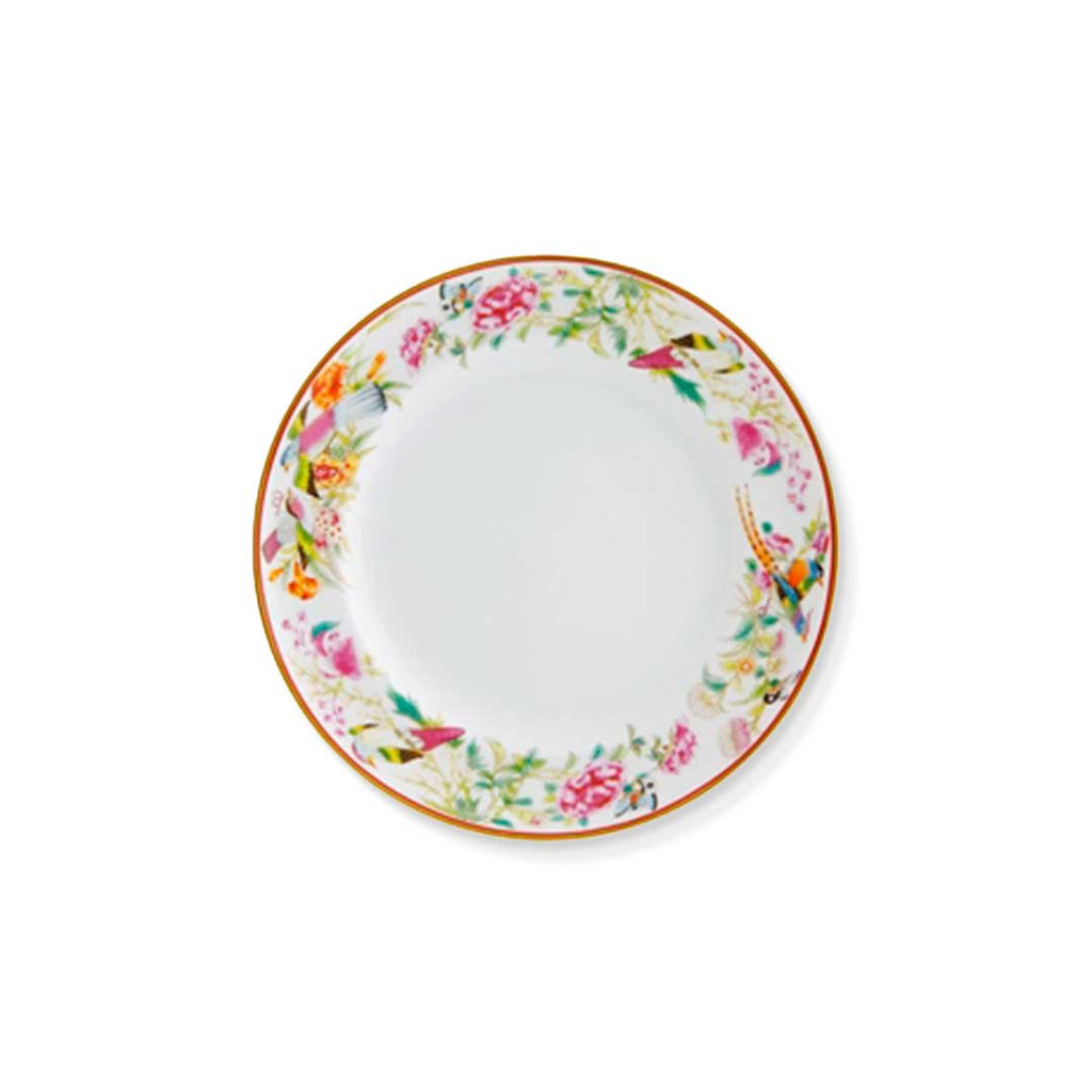 Plato de pan de porcelana blanco con orilla con motivos de flora y fauna de colores y filo de oro, de la colección Paco Real de Vista Alegre