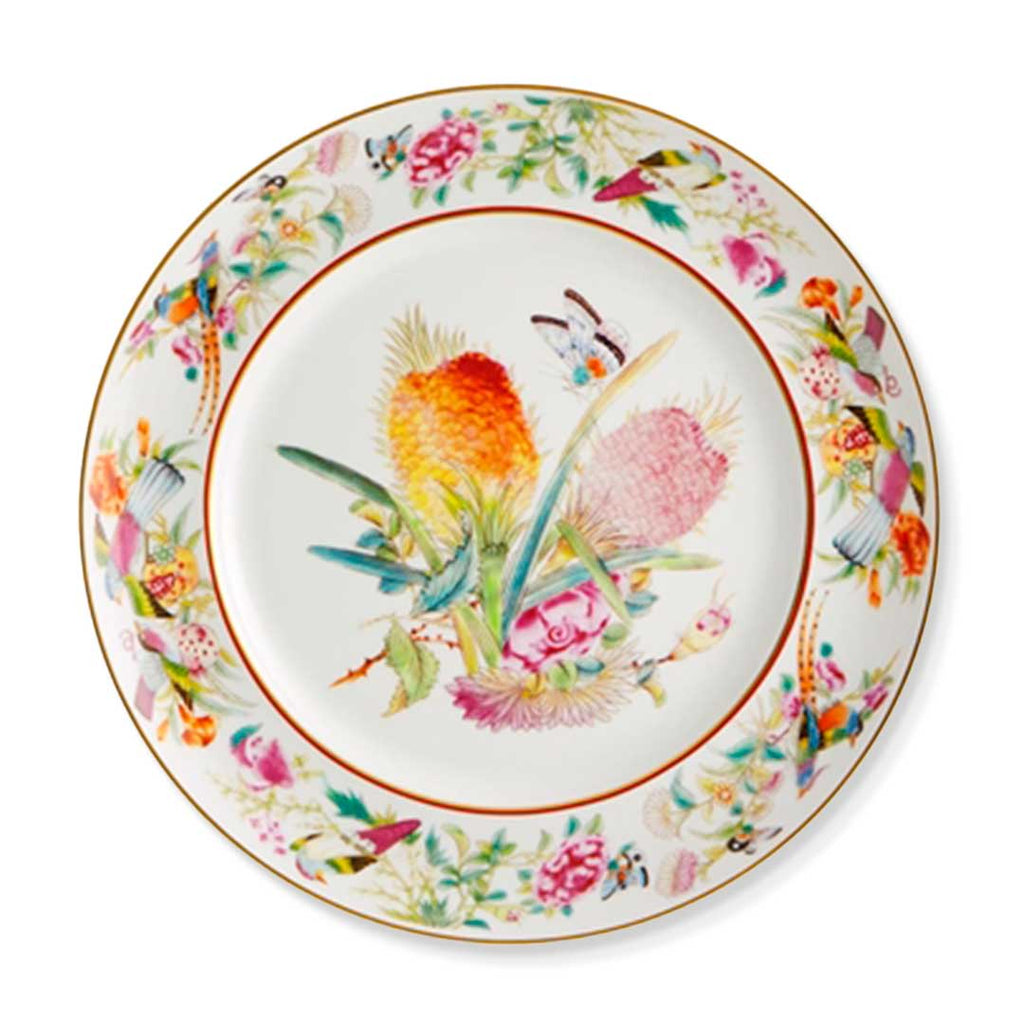 Plato trinche de porcelana blanco con motivos de flora y fauna en colores, y borde con oro, de la colección Paco Real de Vista Alegre