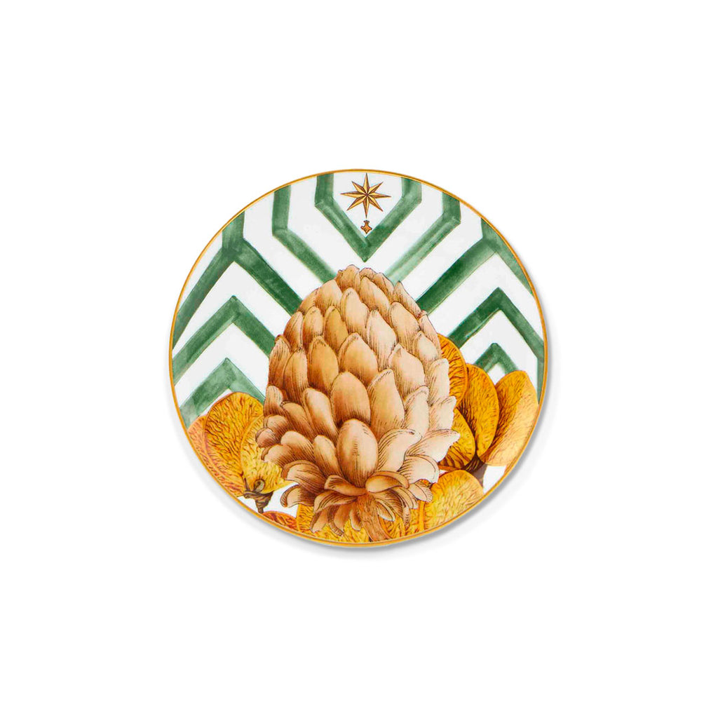 Plato de pan Amazonia de porcelana con detalles florales y borde de oro de 24 kilates, marca Vista Alegre
