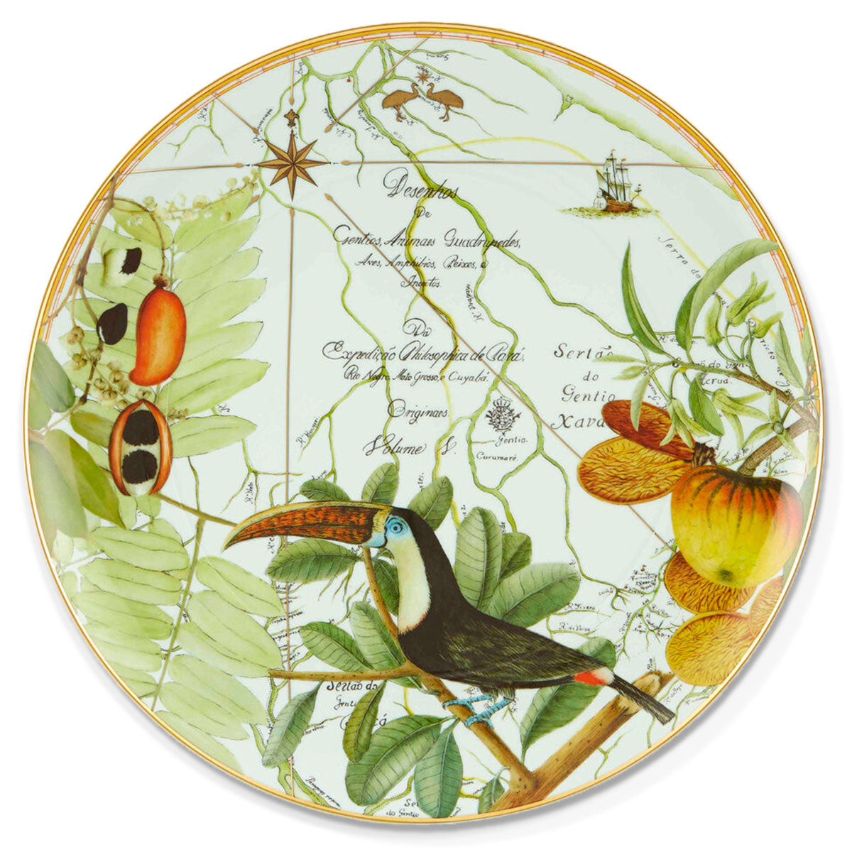 Plato de presentación Amazonia de porcelana de Vista Alegre con Tucanes y frutos tropicales, y borde de oro 24 kilates