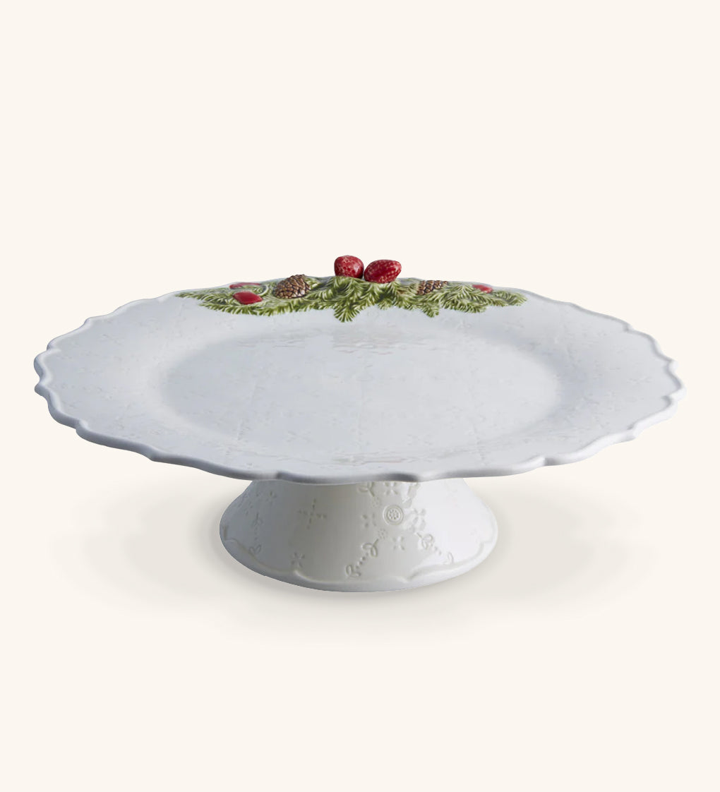 Pastelero Navideño Blanco con Pinos y Fresas. 35 cm