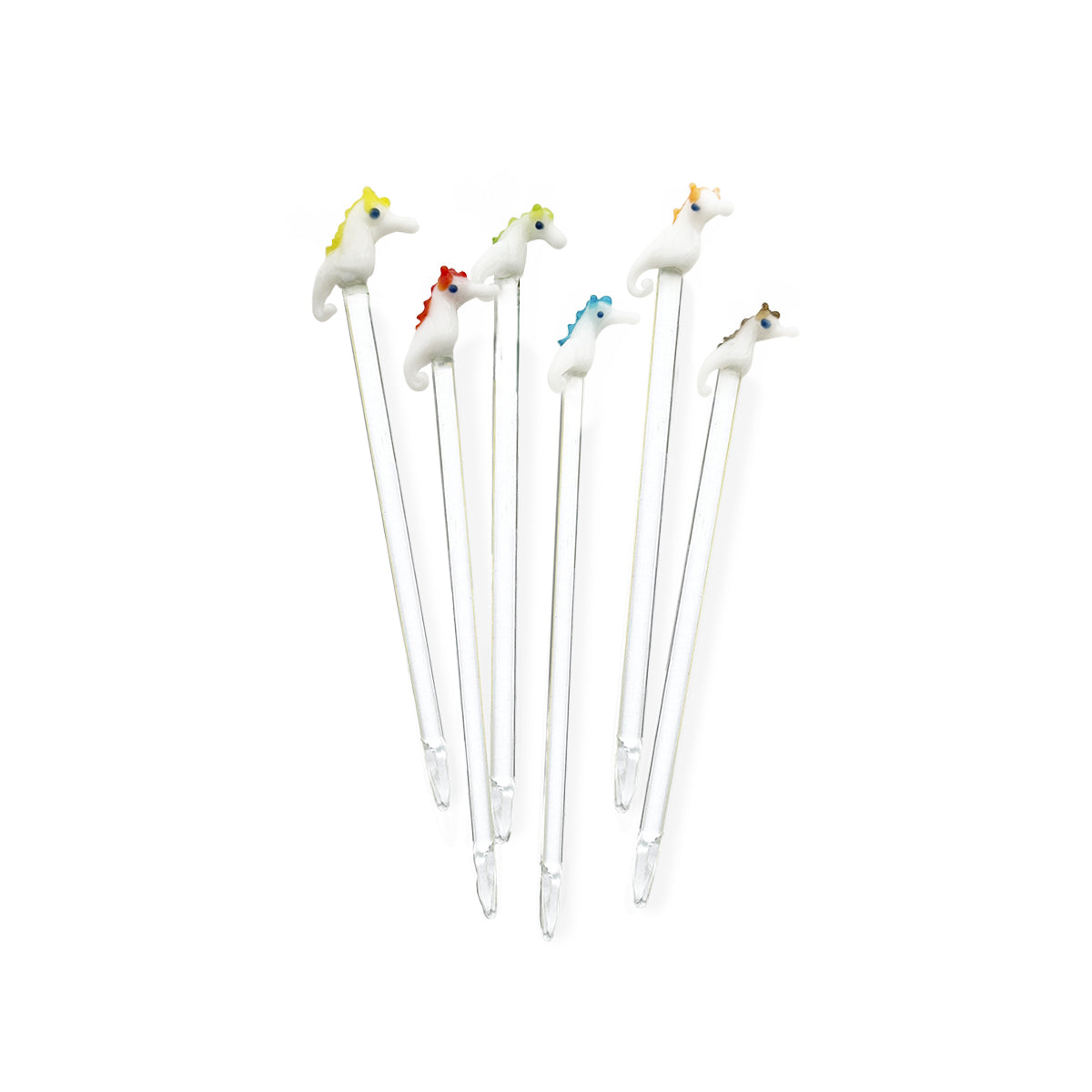 Pinchos artesanales de vidrio en forma de caballitos de mar, de colores para botanear