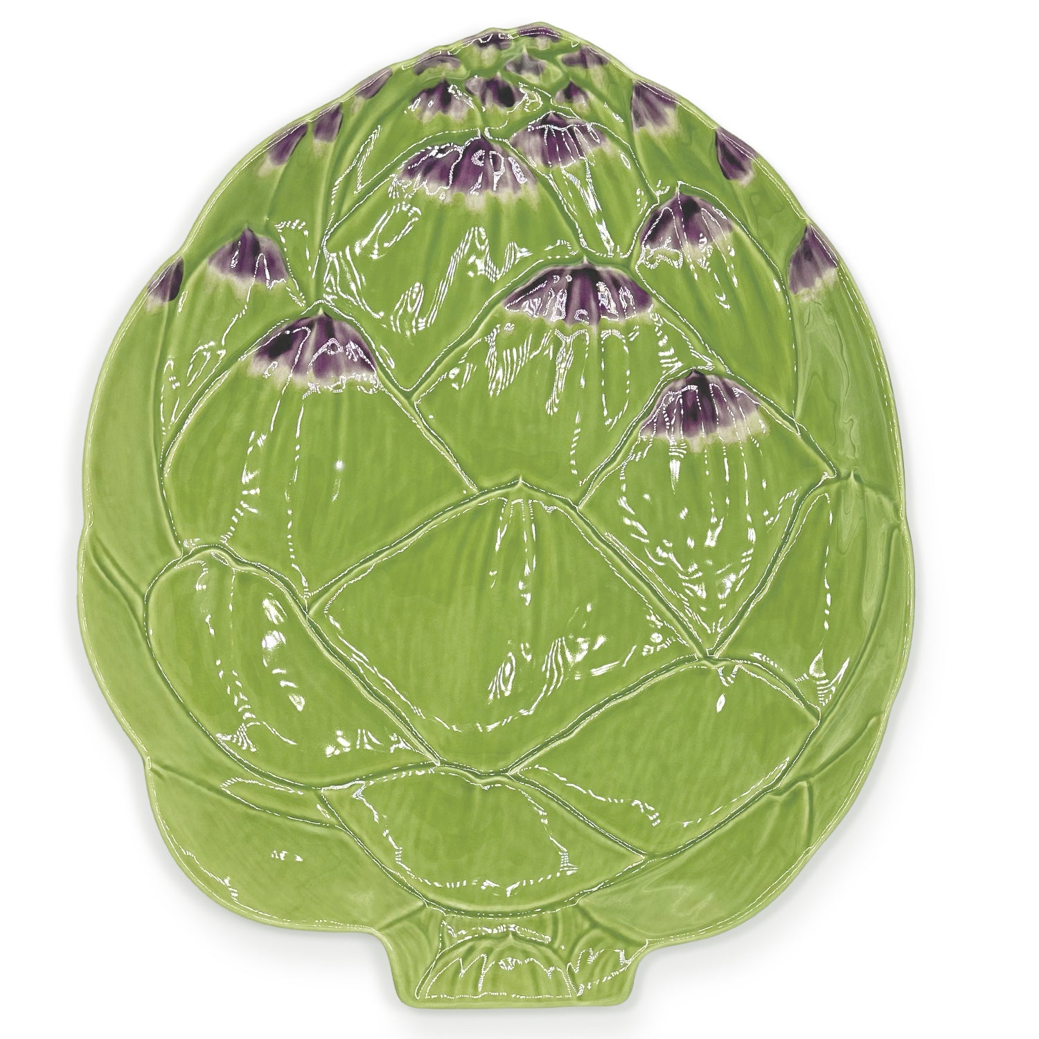 Bajo plato de cerámica en forma de alcachofa color verde, marca Bordallo Pinheiro