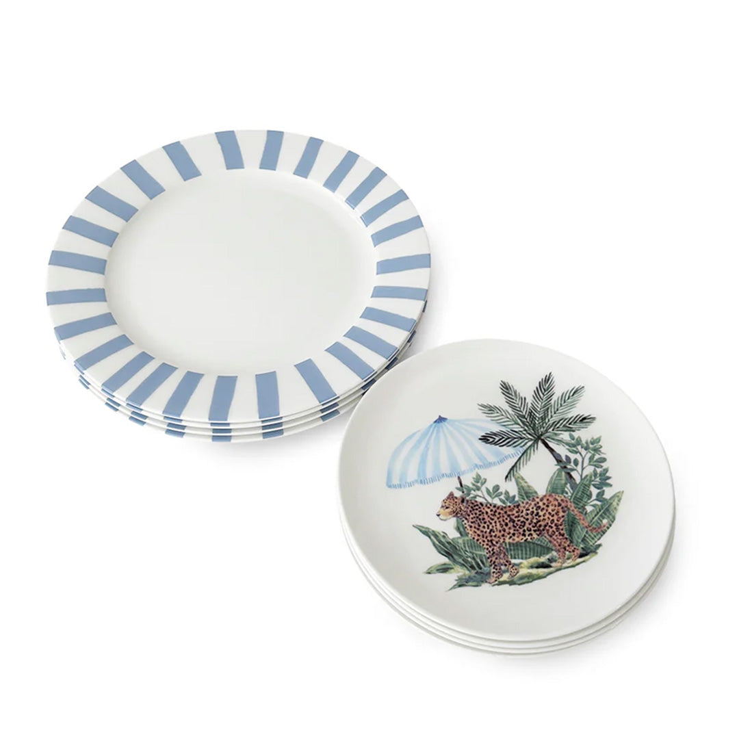 Set de vajilla de porcelana con platos trinche con rayas azules y platos de ensalada con leopardo y sombrilla, marca Zash