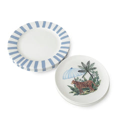 Plato Trinche Candy Cane Azul con Platos de Ensalada Leopardo con Sombrilla Azul. Set de 4.