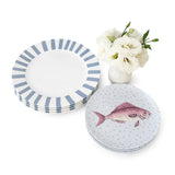 Set de Vajilla Platos Trinche Candy Cane Rayas Azules y Platos de Ensalada Puntitos y Pez. Set para 4 personas