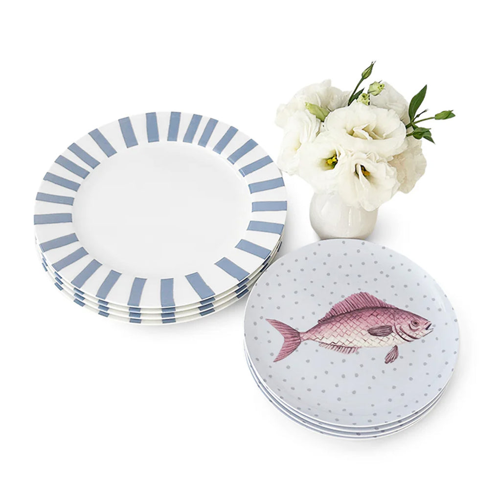Set de Vajilla Platos Trinche Candy Cane Rayas Azules y Platos de Ensalada Puntitos y Pez. Set para 4 personas