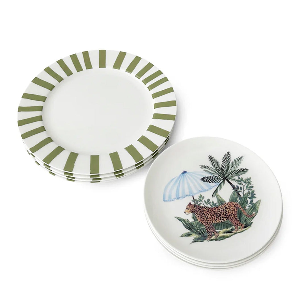 Set de vajilla de porcelana con platos trinche de rayas verdes y platos de ensalada con leopardo y sombrilla, marca Zash