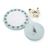 Set de Vajilla Garza con 4 Platos Trinche con Ondas y Hojas Olivo, y 4 Platos de Ensalada Azul Claro con Garza Gris