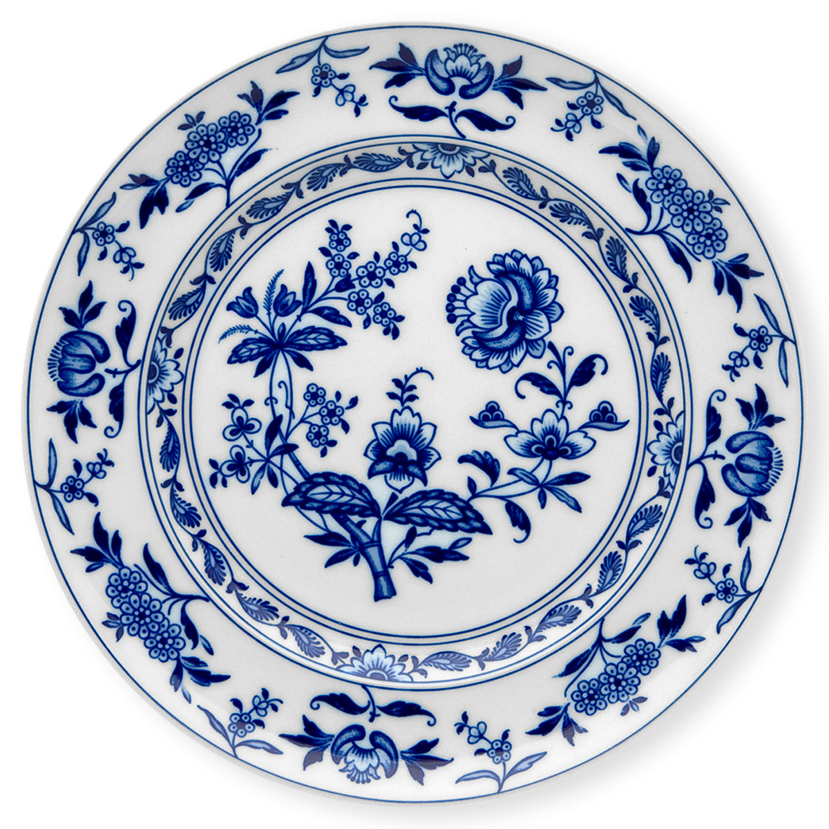 Plato base o Bajoplato de Porcelana en Blanco con decoración floran en Azul, de la colección Margao de Vista Alegre