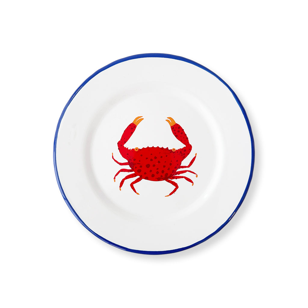 Plato ensalada de peltre vitrificado blanco con orilla azul y ilustración de cangrejo en rojo, marca Zash