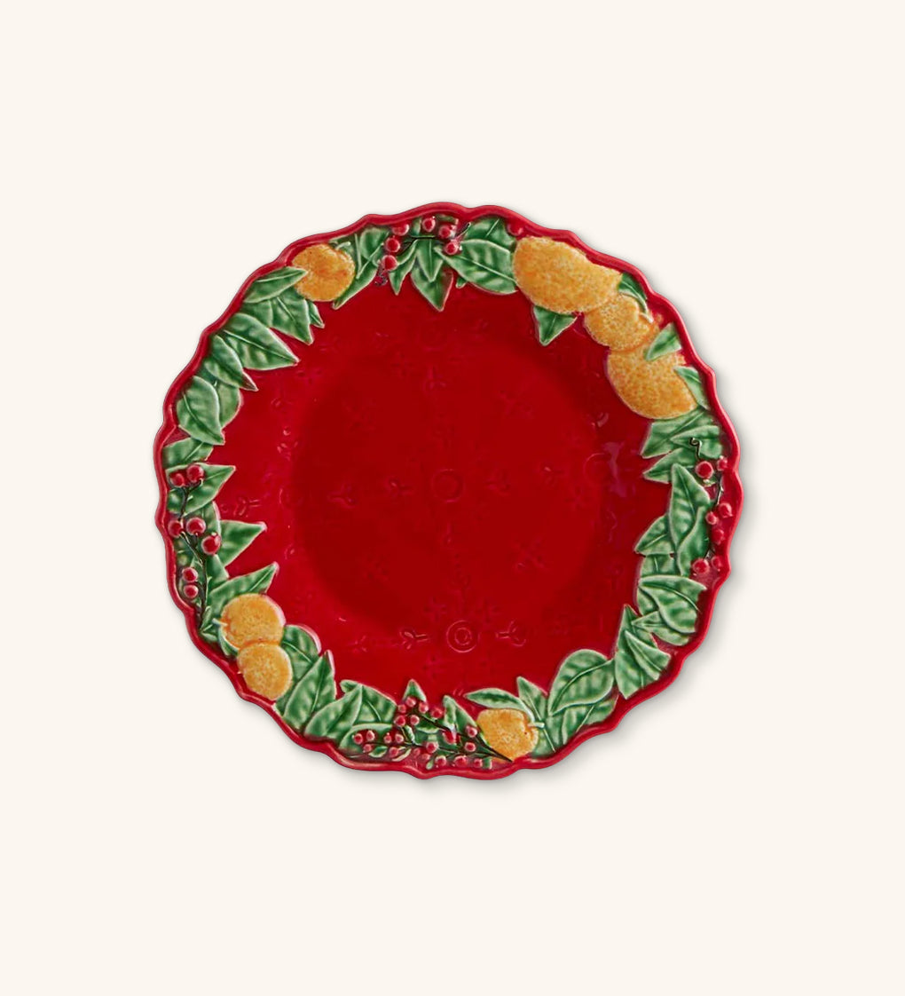 Plato Ensalada Rojo con Hojas y Naranjas 22 cm