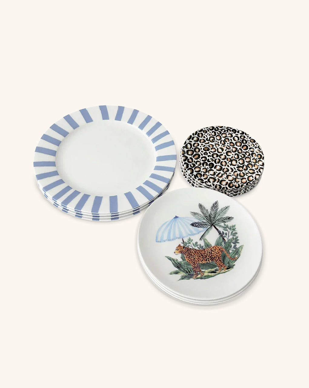 Plato Trinche Candy Cane Verde con Platos de Ensalada Leopardo con Sombrilla Azul, Platos de Pan Cheetah Dorado. Set para 4 personas