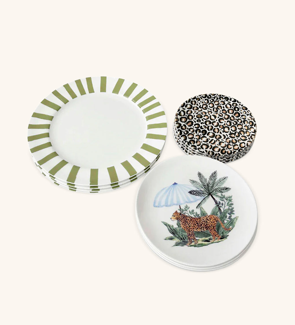 Plato Trinche Candy Cane Verde con Platos de Ensalada Leopardo con Sombrilla Azul, Platos de Pan Cheetah Dorado. Set para 4 personas