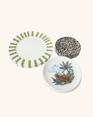 Plato Trinche Candy Cane Verde con Platos de Ensalada Leopardo con Sombrilla Azul, Platos de Pan Cheetah Dorado. Set para 4 personas