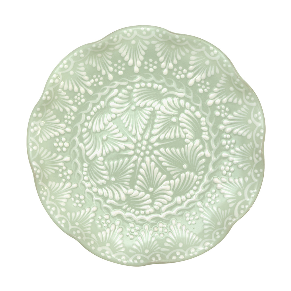 Plato grande trinche de talavera color verde claro con blanco, menta. Marca Zash
