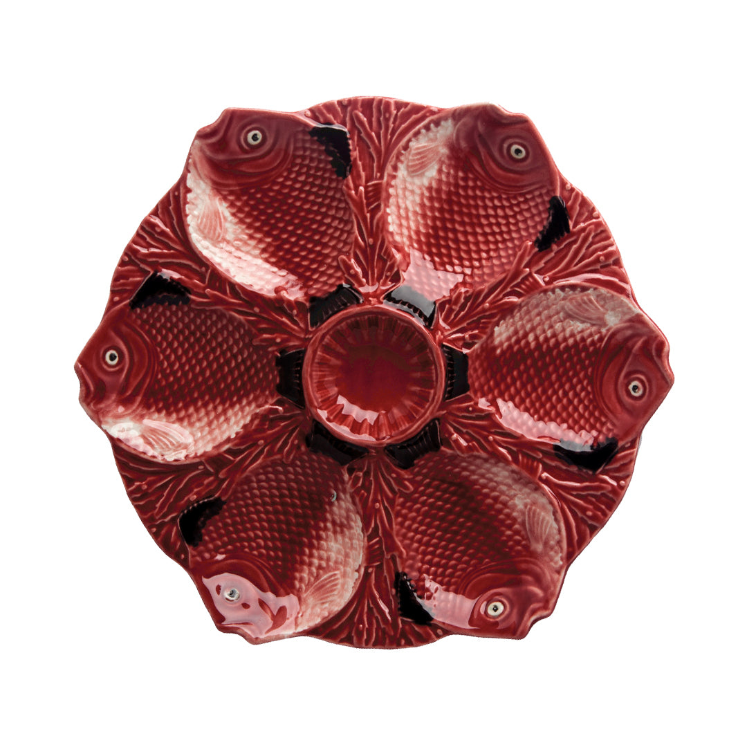 Plato de cerámica para servir ostiones y alemajes en forma  de peces, Bordallo Pinheiro
