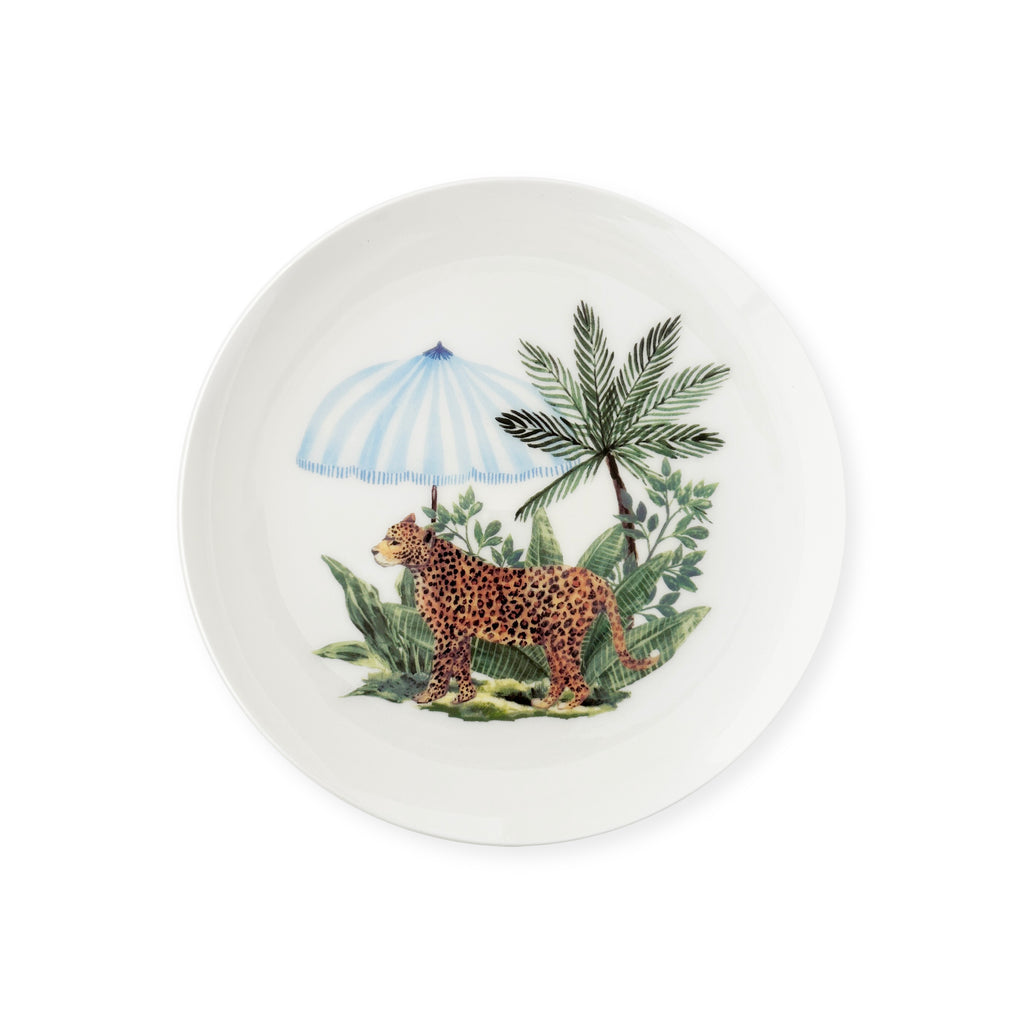Plato para ensalada de porcelana con ilustración de cheetah con plantas y sombrilla, marca Zash