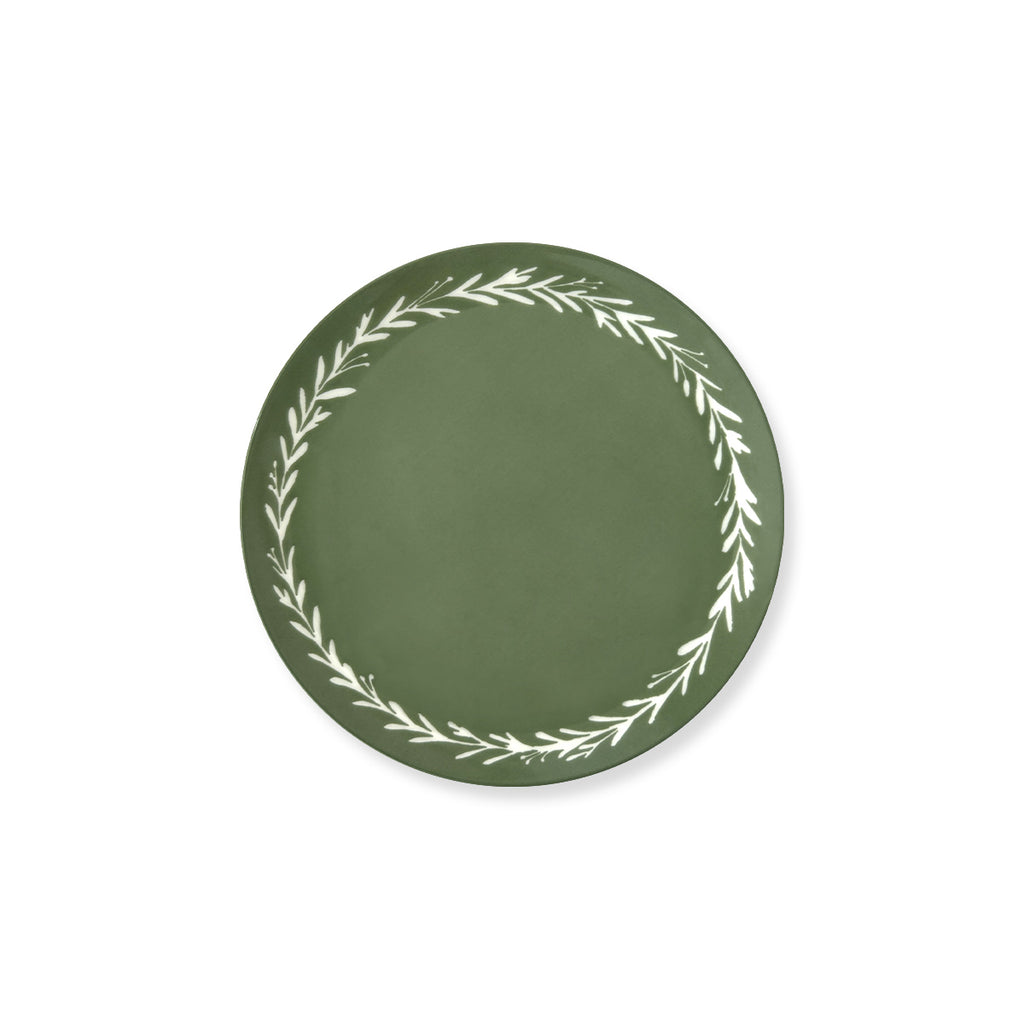 Plato chico de pan o postre de porcelana marca Zash, color verde con guirnalda en blanco, plato navideño
