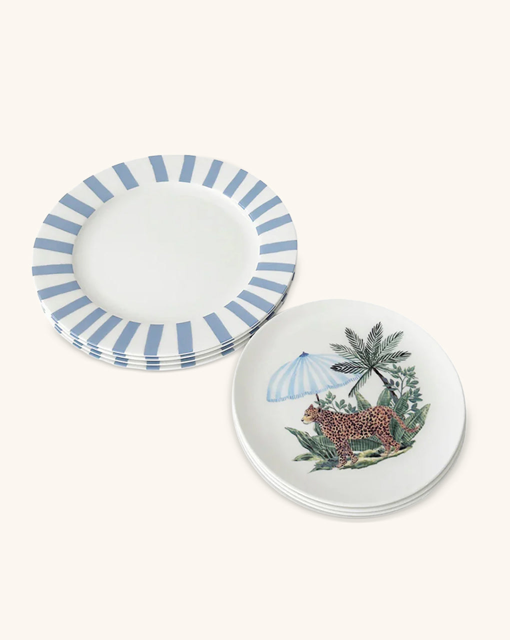 Plato Trinche Candy Cane Azul con Platos de Ensalada Leopardo con Sombrilla Azul. Set de 4.