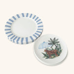 Plato Trinche Candy Cane Azul con Platos de Ensalada Leopardo con Sombrilla Azul. Set de 4.