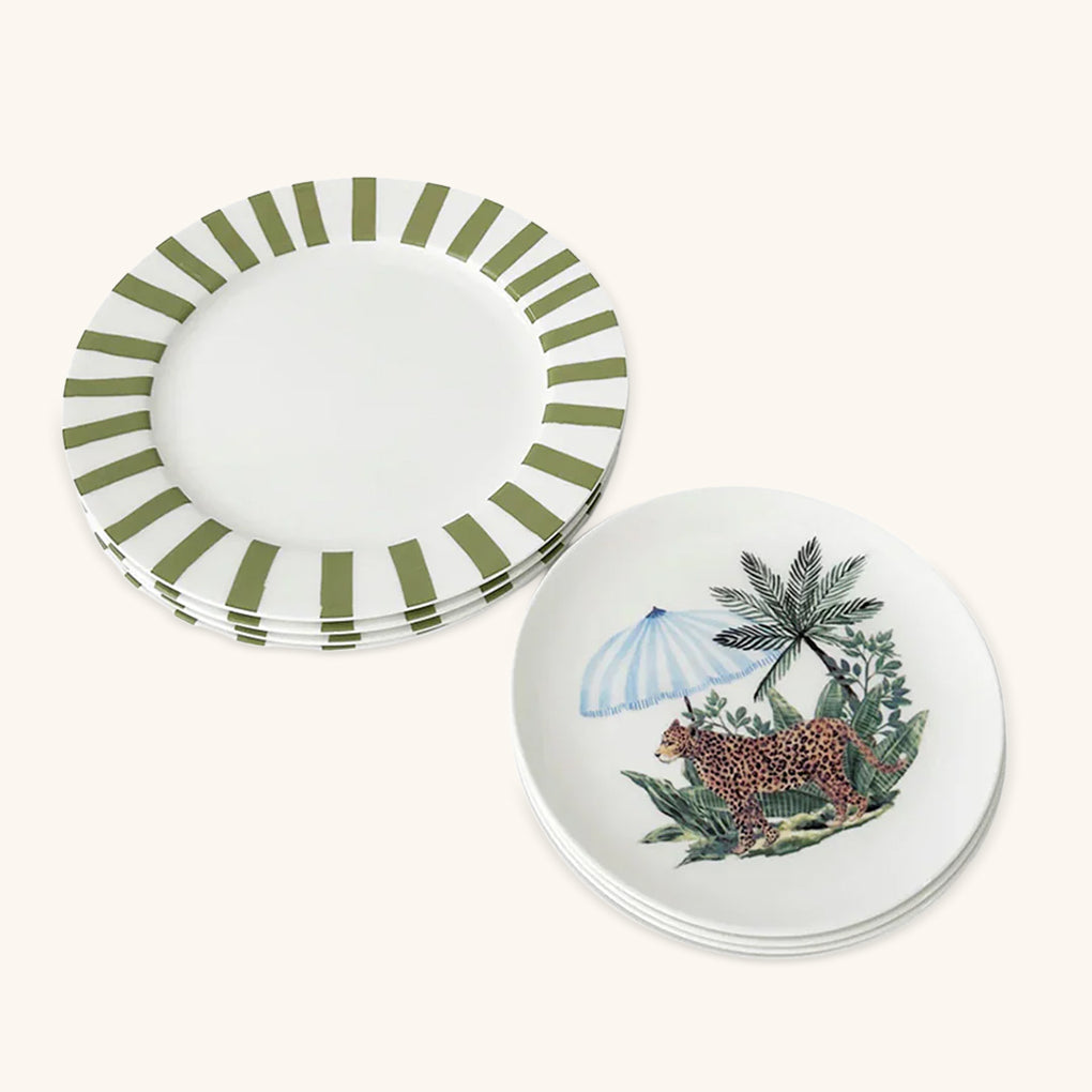 Plato Trinche Candy Cane Verde con Platos de Ensalada Leopardo con Sombrilla Azul. Set de 4.