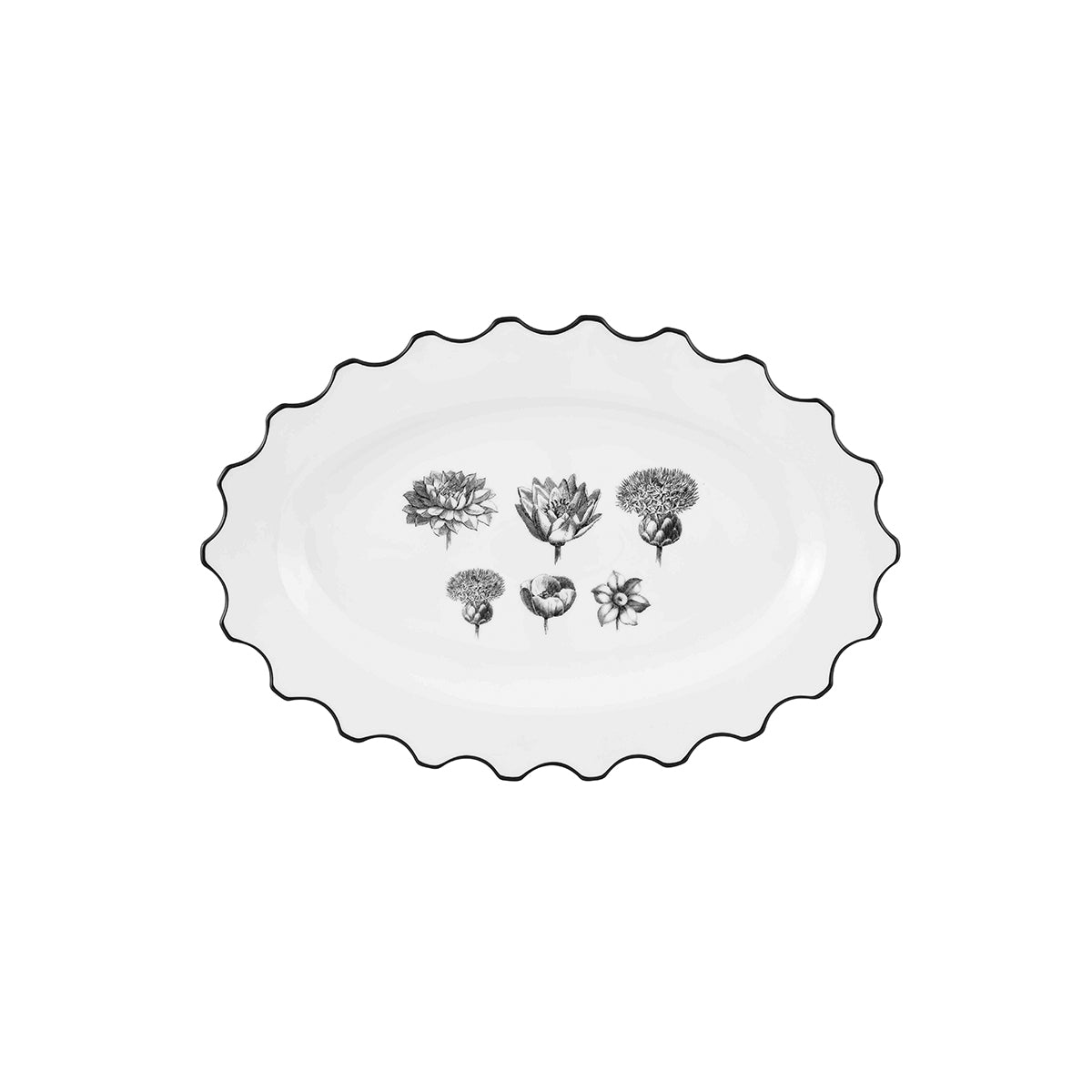 Platón de servir de porcelana ovalado con ondas en blanco con negro de Christian Lacroix Maison para Vista Alegre, línea Herbariae