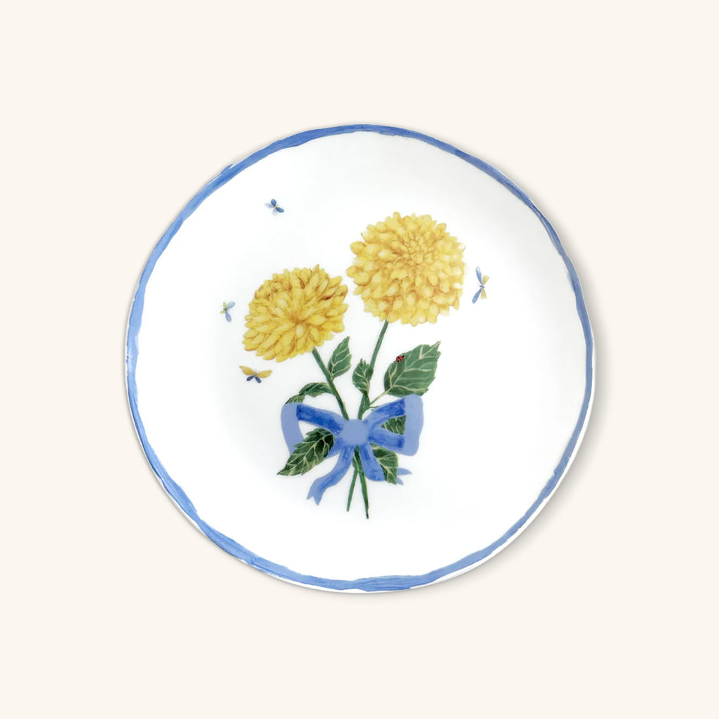 Platos Ensalada con Dalias amarillas y Listón Azul