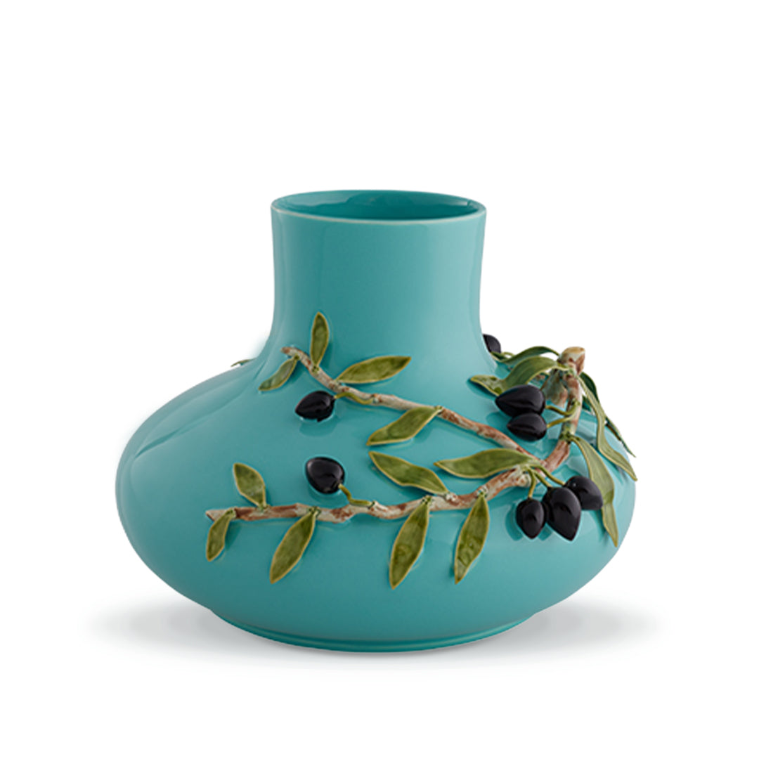 Florero Olival de cerámica azul turquesa con decoración de olivos, marca Bordallo PInheiro