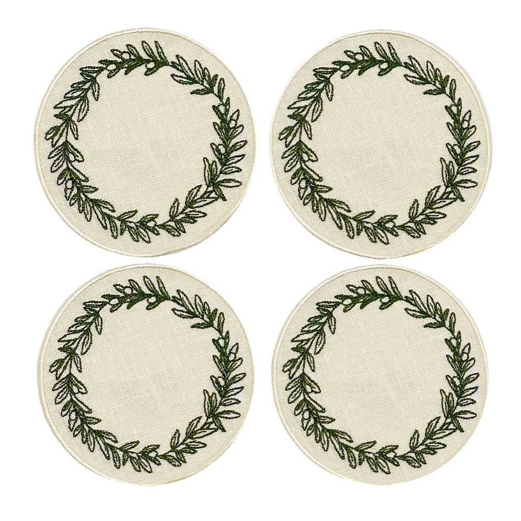 Coasters para vasos de lino arena con guirnalda verde bordada, marca Zash