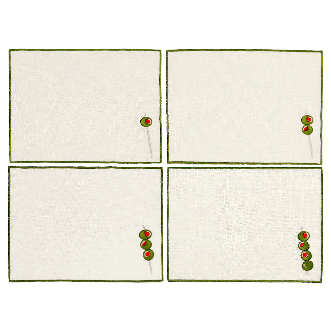 Set de 4 servilletas cocteleras en lino arena con aceitunas bordadas, marca Zash