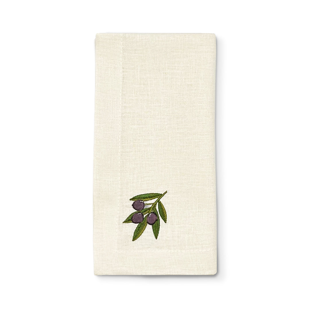Servilleta de lino color arena con bordado de  olivos, marca Zash