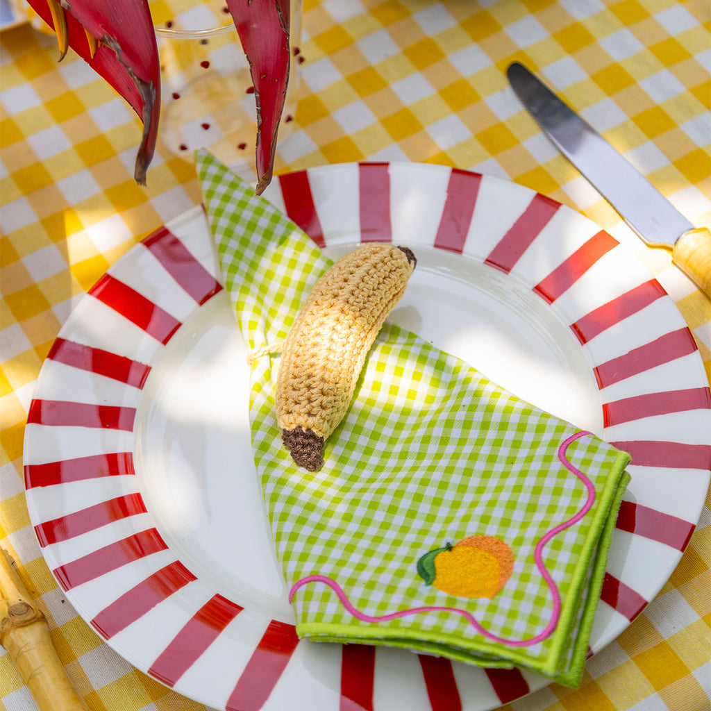 Servilletas Tutti Frutti en Mascota de Algodón de Colores con Bordado de Frutas. Set de 4
