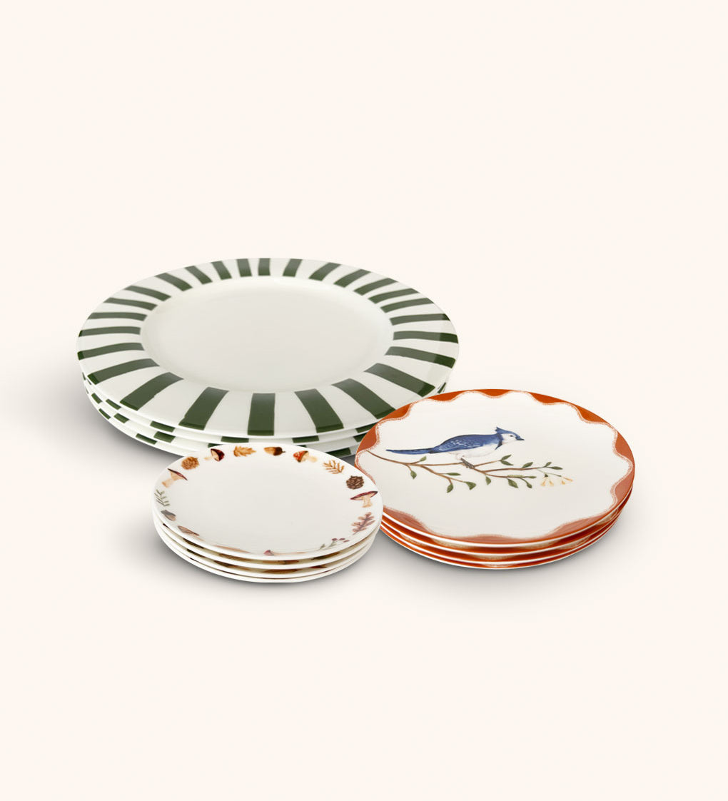 Set de Vajilla con 4 Platos Trinche Candy Cane Verde Bosque, 4 Platos Ensalada Pájaro Azul y 4 Platos Pan con Orilla de Hongos y Hojas