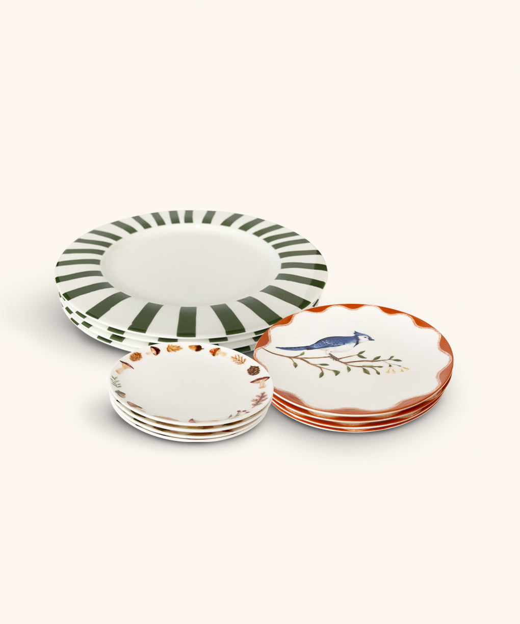 Set de Vajilla con 4 Platos Trinche Candy Cane Verde Bosque, 4 Platos Ensalada Pájaro Azul y 4 Platos Pan con Orilla de Hongos y Hojas