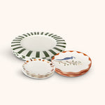 Set de Vajilla con 4 Platos Trinche Candy Cane Verde Bosque, 4 Platos Ensalada Pájaro Azul y 4 Platos Pan con Orilla de Hongos y Hojas
