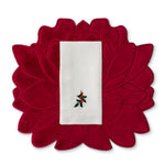 Set de mantelería blossom con individual en terciopelo rojo y servilleta de lino con boradado de cerecitas