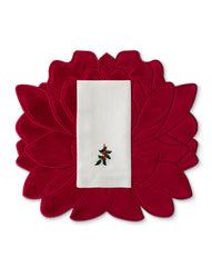 Set de Mantelería Nochebuena con Individuales Blossom Bordado de Flor en Terciopelo Rojo y Servilletas en Lino Blanco con Bordado de Muérdago. Set para 4 personas