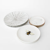 Set de Vajilla Spring Bee para 4 personas con Platos Trinche Rayas Gris Plata, Platos Ensalada Abeja y Plato para Pan con Abeja Volando.