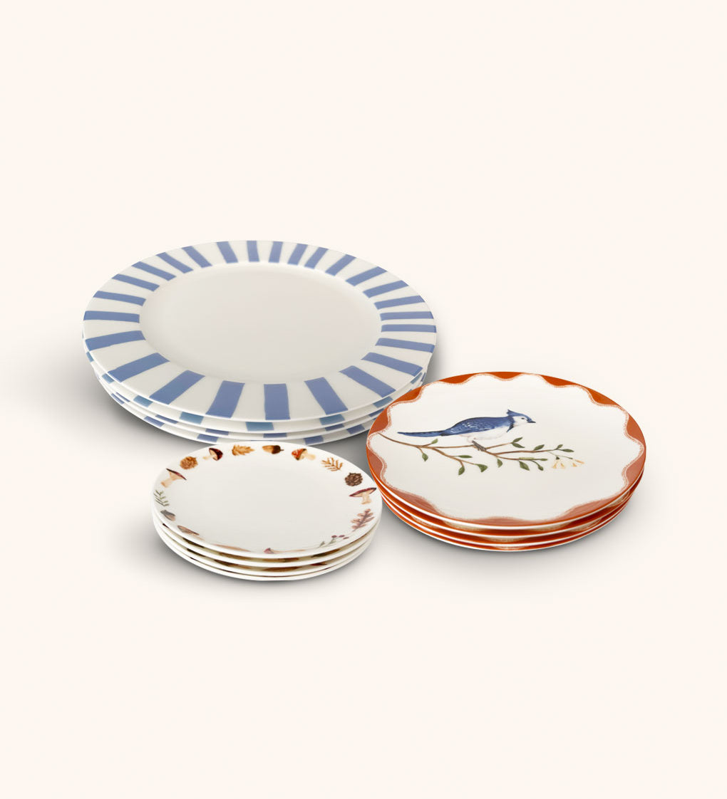 Set de Vajilla con 4 Platos Trinche Candy Cane Azul, 4 Platos Ensalada Pájaro Azul y 4 Platos Pan con Orilla de Hongos y Hojas